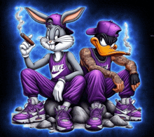 a cartoon of bugs bunny and daffy duck wearing nike shirts