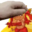 a cartoon girl in a red dress and red gloves is being touched by a hand .