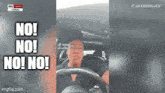 a woman driving a car with the words no no no on the screen