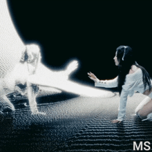 a woman wearing headphones is kneeling down in front of a glowing figure with the letters ms on the bottom right