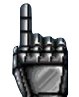 a metal hand is pointing upwards with the index finger