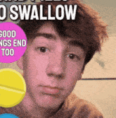 a close up of a young man 's face with a purple circle that says good ngs end too