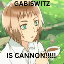 a cartoon of a girl holding a cup of coffee with the caption gabiswitz is cannon !!!