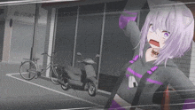 a girl with purple hair is standing in front of a building that says ' a ' on it