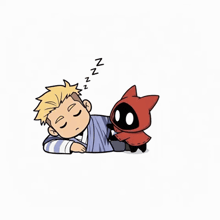 a cartoon of a man sleeping next to a red cat with the letters nz visible