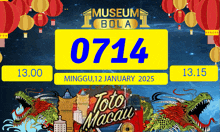 a poster for museum bola toto macau shows dragons and lanterns