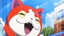 a cartoon cat is jumping in the air in front of a building in a city .