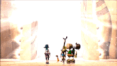 a man and a robot are standing in front of a wall
