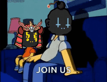 a cartoon of a man sitting on a couch with the words join us