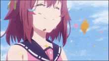 a girl with red hair is smiling in front of a blue sky with confetti falling around her