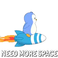 a penguin is sitting on top of a blue rocket with the words need more space below it
