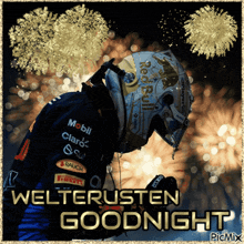 a picture of a man wearing a helmet with the words welterusten goodnight