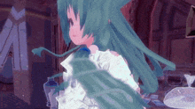 a girl with green hair is standing in a room