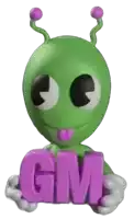 a green alien is holding a purple gm sign
