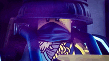 a close up of a lego character with a purple light behind him