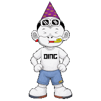 a cartoon character wearing a party hat and shorts with the word ding on it