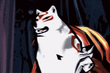a cartoon drawing of a white dog with a red stripe on its face