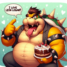 a cartoon character holding a cake with a speech bubble that says i love leon logan