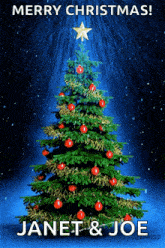 a christmas card with a christmas tree and the name janet and joe