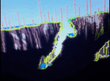 a pixel art drawing of a cliff with a few trees on it
