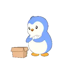 a blue and white penguin is standing next to a brown cardboard box