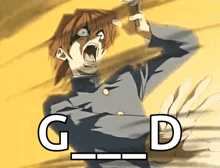 a cartoon character is screaming and holding a sword with the letters g and d next to him .