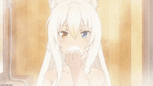 a naked anime girl with white hair is taking a bath in a bathtub .