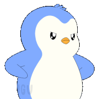 a blue and white penguin with a yellow beak is standing with its arms crossed