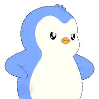 a blue and white penguin with a yellow beak is standing with its arms crossed