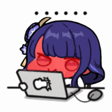 a cartoon of a girl with a red face using a laptop .