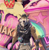 a cartoon character stands in front of a sign that says " shake "