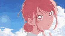 a girl with pink hair is looking at the camera with a blue sky in the background