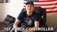 a man sitting in a chair with the words 1st party controller written on the bottom