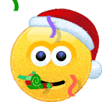 a yellow smiley face wearing a santa hat and a party horn