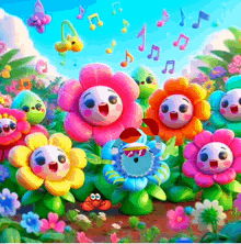 a bunch of flowers with faces and music notes flying around