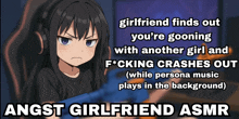 a cartoon of a girl with headphones and the words girlfriend finds out you 're going with another girl