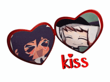 two heart shaped mirrors with the word kiss on the bottom right