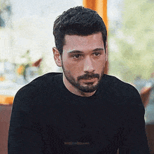 a man with a beard and mustache is wearing a black sweater and looking at the camera .