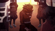 a cartoon of a man kneeling down in front of a group of people with wistxria in the corner