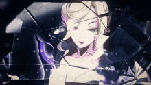 a drawing of a girl with blonde hair is behind a broken glass