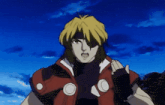 a cartoon character with yellow hair is wearing a red vest with white circles on it