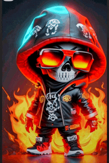 a cartoon of a skeleton wearing sunglasses and a hoodie that says flush