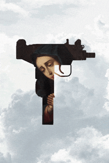 a painting of a woman holding a gun with a cloudy background