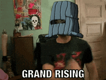 a man with a helmet on his head and the words grand rising