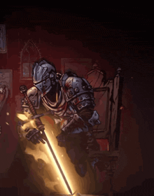 a knight is holding a sword with a glowing blade