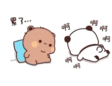 a brown bear and a white panda are sitting next to each other and talking .