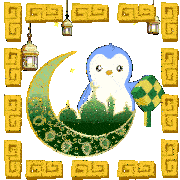 a blue and white penguin is sitting on a green crescent moon