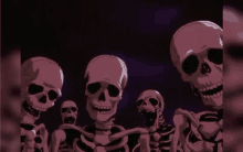 a group of skeletons are standing next to each other with their mouths open