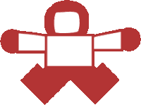 a red and white silhouette of a person with a circle in the middle