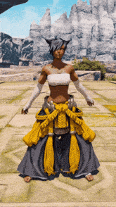 a woman in a yellow and gray outfit stands in front of a mountain range